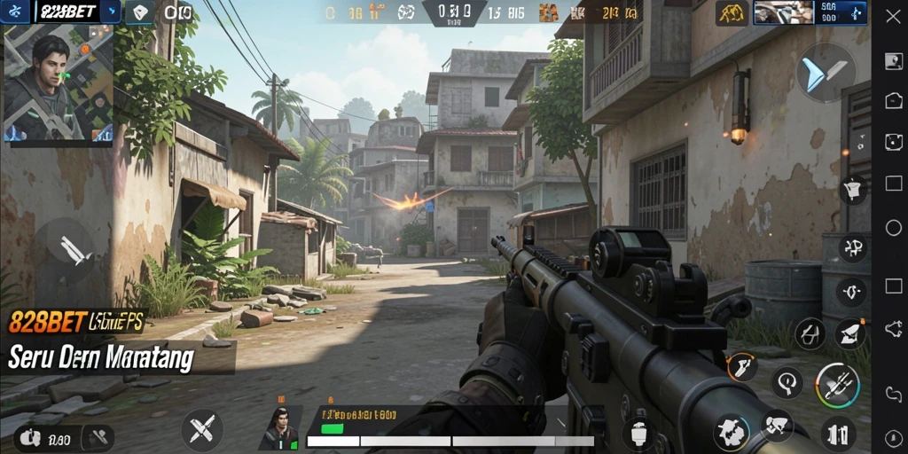 Tangkapan layar gameplay <strong>828BET</strong> menampilkan aksi menembak yang intens.