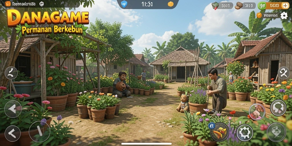 Screenshot gameplay <strong>DANAGAME</strong> dengan pertanian yang indah dan aktif.