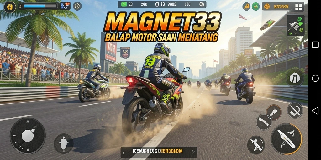 Screenshot gameplay MAGNET33 menampilkan balapan motor yang intens dan mendebarkan.