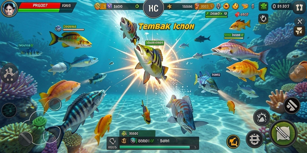 Screenshot PRG007 menampilkan aksi seru dalam Tembak Ikan.